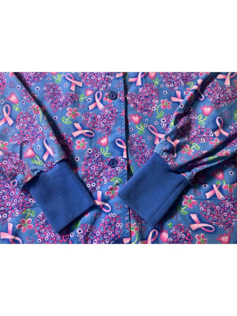 Peaches Womens Blue Pink Ribbon and Floral Print Scrub Jacket100% Cotton - Picture 6 of 13